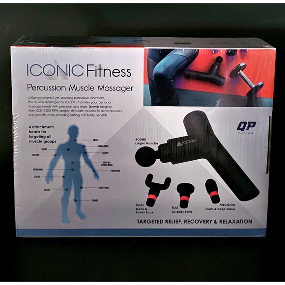 Iconic Fitness Massager Percussion Hand Held 4 Heads 6 Speeds Black NEW SEALED! - Picture 2 of 7